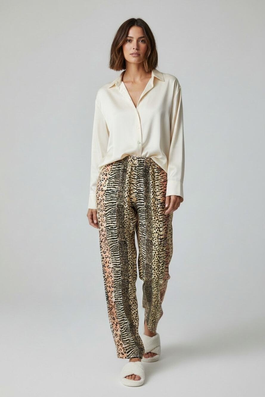 Vintage Melrose Studio Silk PJ Pants Cheetah Tiger Zebra Patchwork Loungewear S
